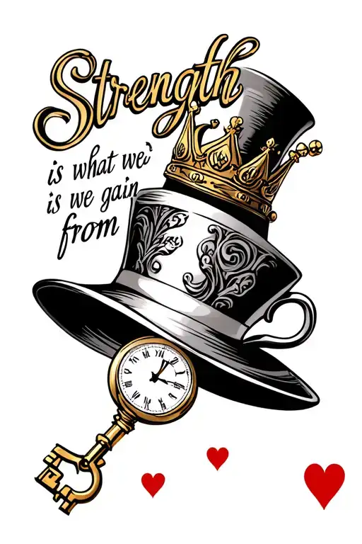 "Strength is what we gain from " Alice In Wonderland tattoo featuring Hatters Hat, a Key, a Crown, the Queen of Hearts Playing Card, stopwatch and teacup tattoo design idea