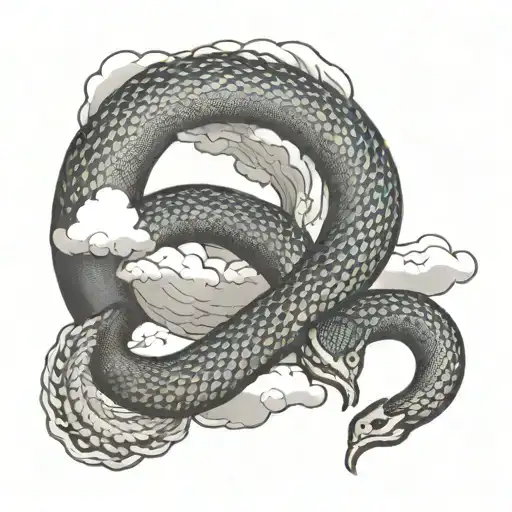 Ouroboros snake eating itself with clouds surrounding tattoo design idea