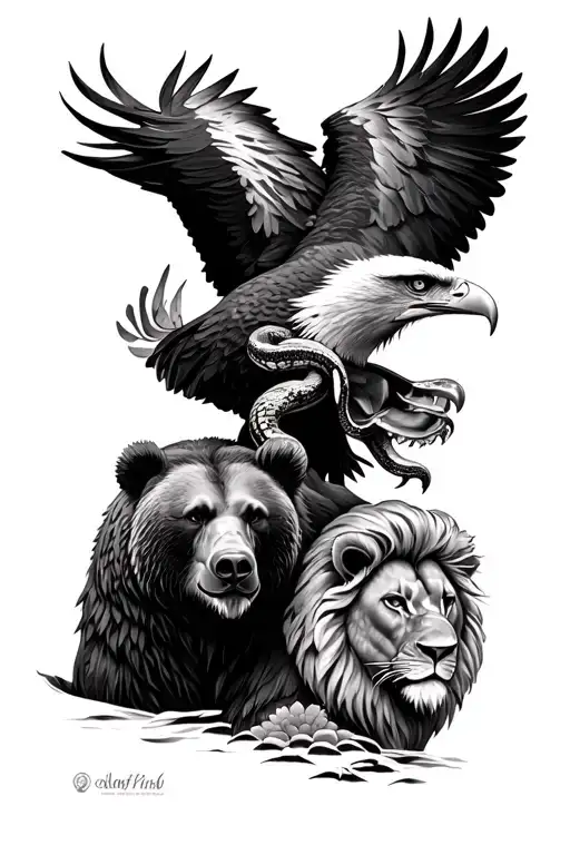 eagle with snake in mouth , grizzly bear, lillypad, and lion tattoo design idea