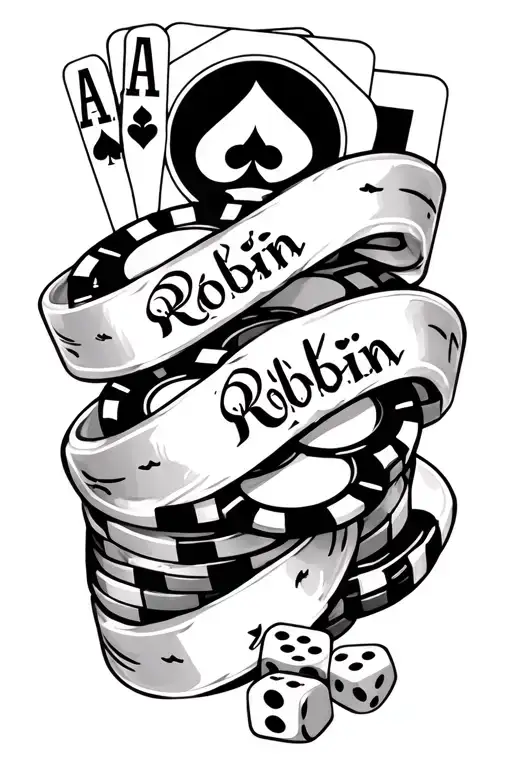 "Robbin" "Robbin" Collage of playing cards poker chips and dice with the name Robbin inside of a ribbon tattoo design idea