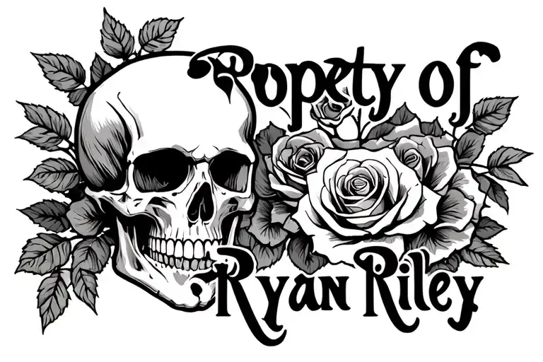 "Property of Ryan Riley" skull with roses tattoo design idea