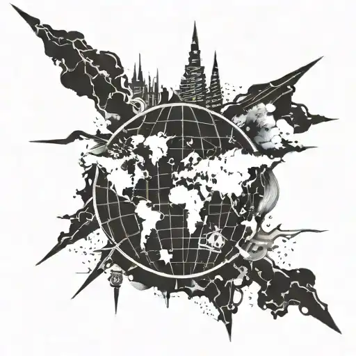 A tattoo combining Lady Gaga's iconic lightning bolt face paint with a world map to represent travel and music tattoo design idea