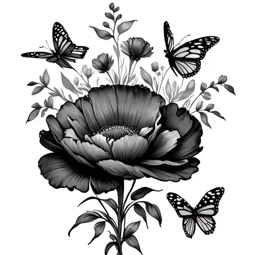 delicate spine tattoo native mexican Purepecha art with california poppies and monarch butterflies NO color tattoo design idea