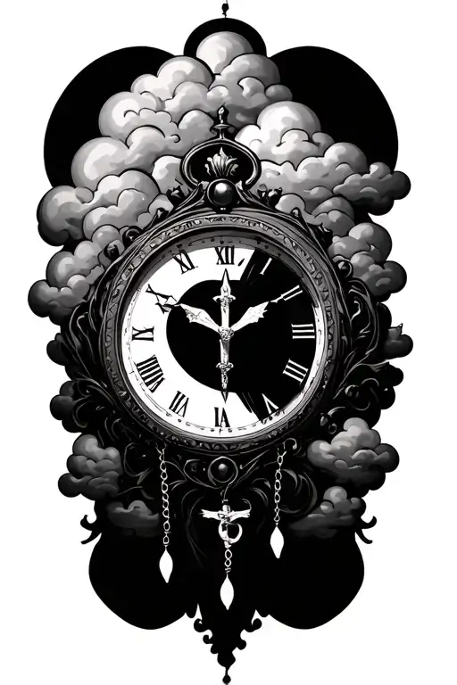 Deformed clock with rosary and clouds forming the shape Trust in the Lord with all your heart, and lean not on your own  tattoo design idea