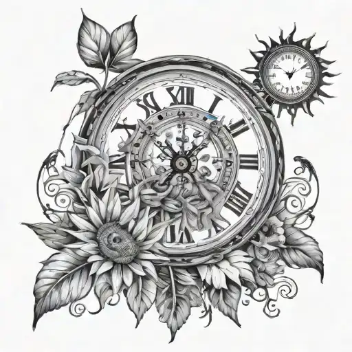 clock, man fishing, sun flower growing tattoo design idea