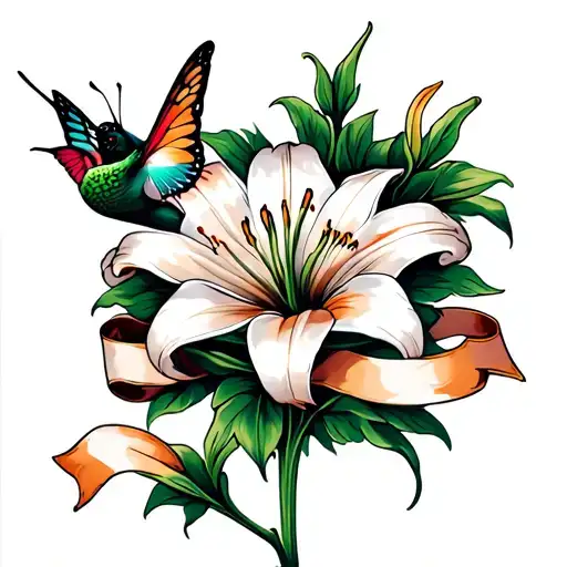 Lily flower with a ribbon wrapping around the stem, and a hummingbird or butterfly beside the lily. tattoo design idea