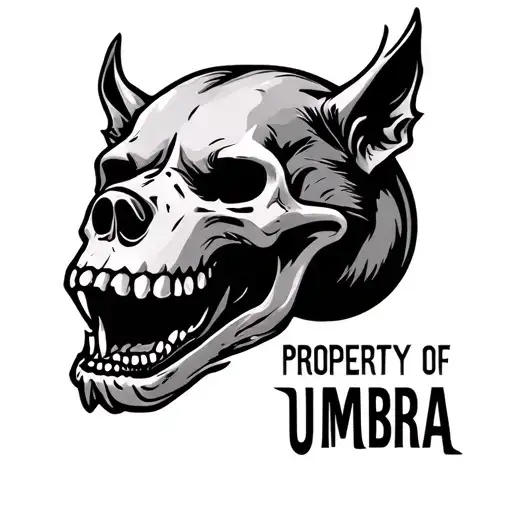 a simplistic bold hellhound skull with text that reads 'Property of Umbra' tattoo design idea