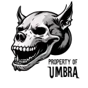 a simplistic bold hellhound skull with text that reads 'Property of Umbra' tattoo design idea