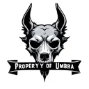 a simplistic bold hellhound skull with text that reads 'Property of Umbra' tattoo design idea