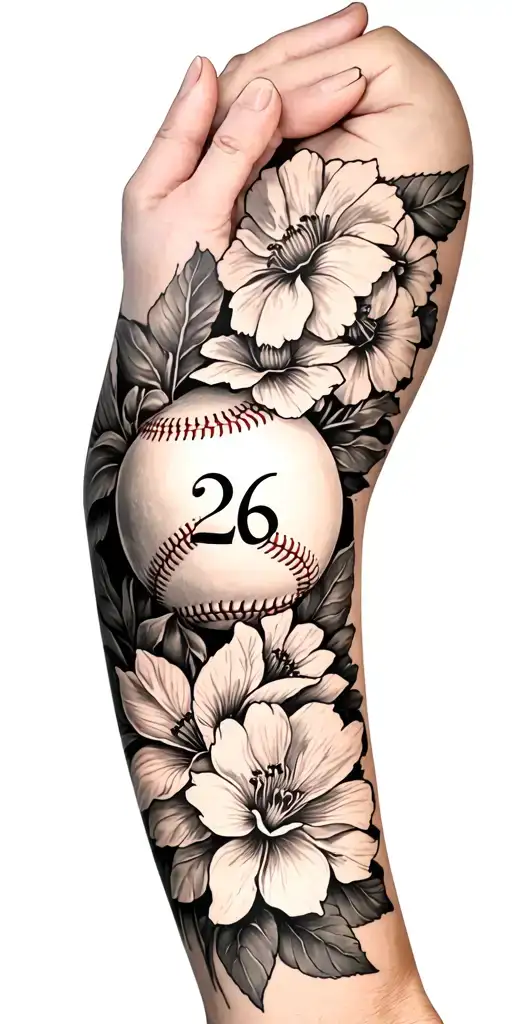 full arm sleeve with baseball the number 26 and December March and February birth flowers tattoo design idea