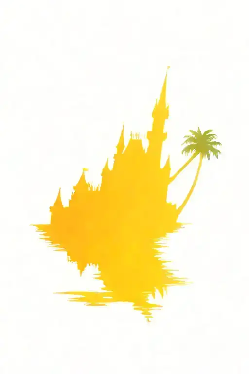 black silhouette of a cruise ship, Palm trees and black silhouette of disney castle on watercolo tattoo design idea