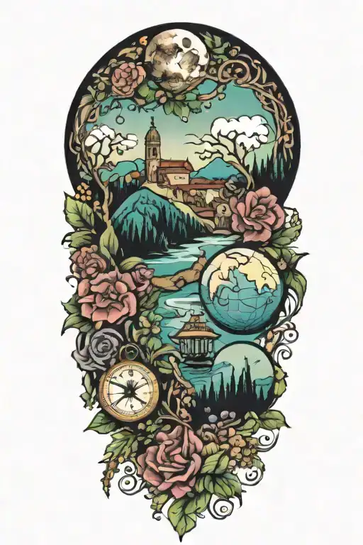 tattoo featuring roman landscape, compass, globe surrounded by flowers and vines tattoo design idea