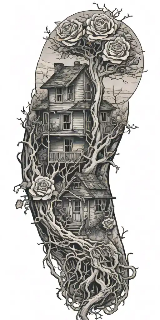 abandoned broken home, tree roots from the chains, roses tattoo design idea