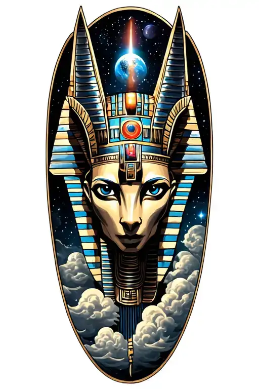 egyptian and mayan Space Theme With Cosmic Clouds Anubis and all seeing eye Tattoo tattoo design idea