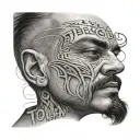 a man with combined eyebrows the word "TOLGAY" tattoo design idea