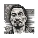 a man with combined eyebrows the word "TOLGAY" tattoo design idea