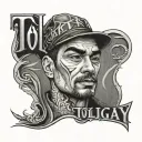 a man with combined eyebrows the word "TOLGAY" tattoo design idea