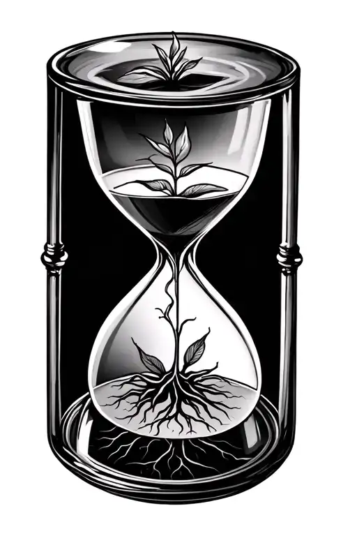 hourglass with roots of a plant starting in bottom of glass tattoo design idea