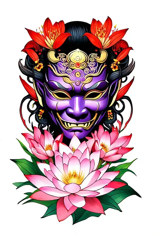 purple hannya mask surrounded by red spider lilies and pink lotus flowers  tattoo design idea