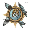 owl, coordinates, compass, globe, Jimmy Buffett tattoo design idea