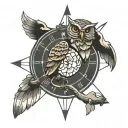 owl, coordinates, compass, globe, Jimmy Buffett tattoo design idea