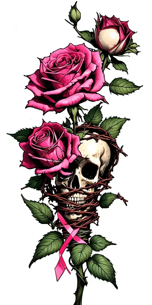 dead roses, barbed wire wrapped, and breast cancer awarness tattoo design idea