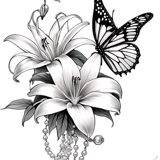 spider lily with butterfly and pearl rosary beads tattoo design idea