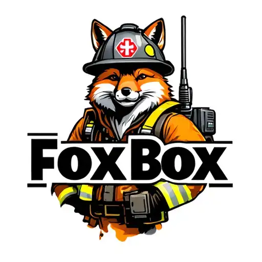 "Fox Box" "Fox Box" Tough looking fireman fox wearing firefighting gear with radio equipment. Helmet has maltese symbol tattoo design idea