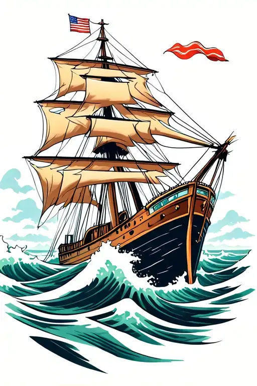 A bold, clean-lined traditional tall shipCrashing waves at the base (no calm seas)No figurehead or specific flag — j tattoo design idea