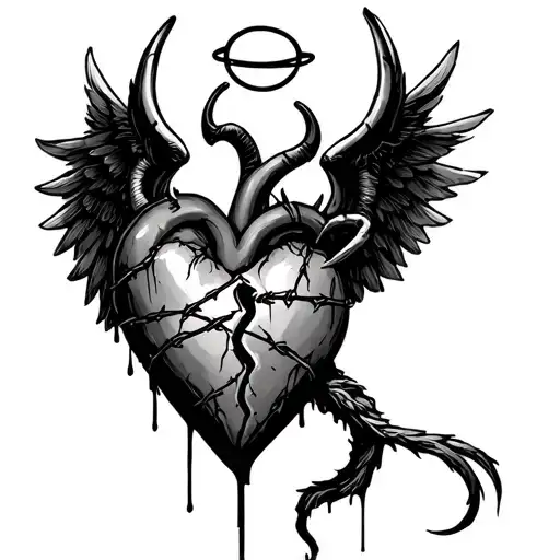 Broken heart with barbwire making it bleed. devil wings that fade to angel wings. devil tail, devil horns, and a halo tattoo design idea
