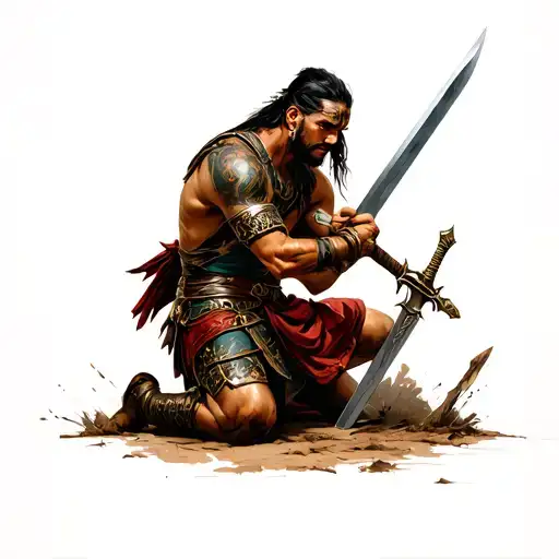 gladiator kneeling with sword piercing ground paying respect tattoo design idea
