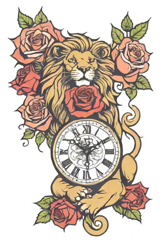 Lion with roses and clock face tattoo design idea