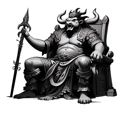 chinese mythology demon bull king sitting on a throne holding a spear with  a snake wrapped around it tattoo design idea