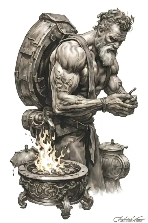 Hephaestus working forge tattoo design idea