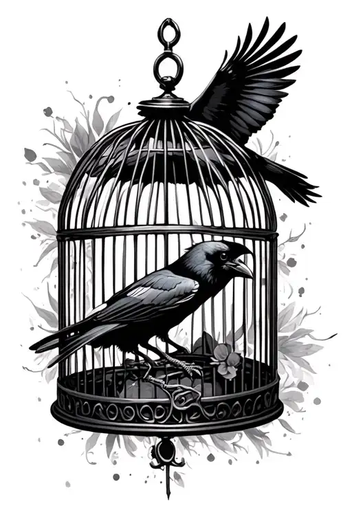 open bird cage with crow flying tattoo design idea