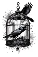 open bird cage with crow flying tattoo design idea