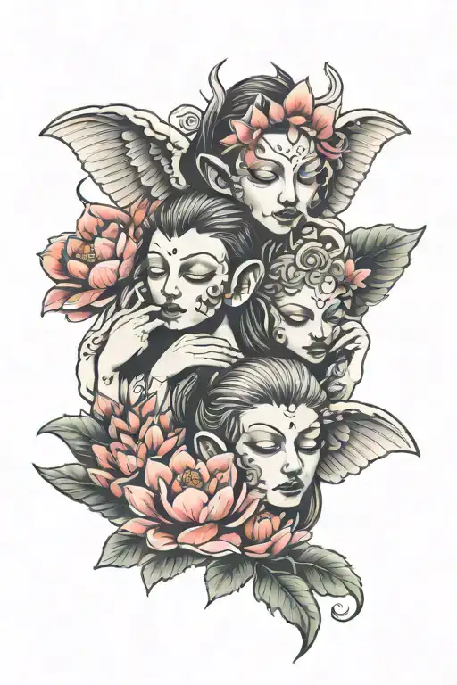 hear no evil speak no evil hear no evil angel heads with lotus flower tattoo design idea