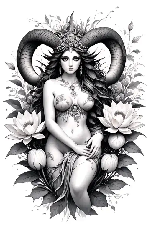 Aries sexy goddess surrounded by poeny and lotus flowers growing intertwined  tattoo design idea