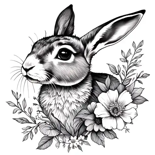Flowers and a hare in a fairy-tale theme, delicate female  tattoo design idea
