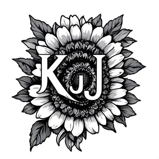 KJJ letters with Indian blanket flowers around it. black and grey tattoo design idea