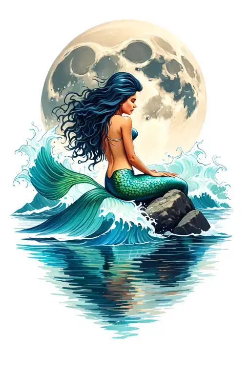 mermaid sitting on big rocks with moon in background and waves splashing up tattoo design idea