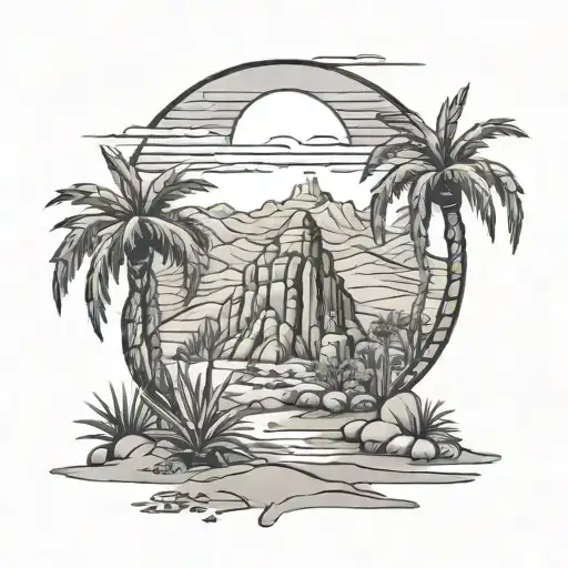 desert oasis surrounded tattoo design idea