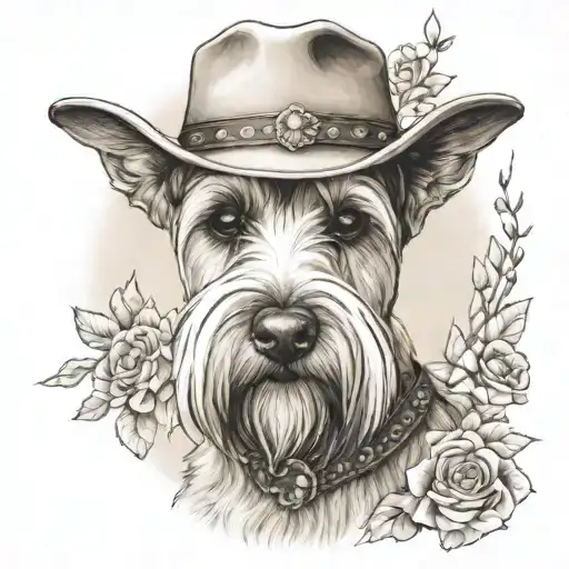 wheaten schnauzer with cowgirl hat and brown eyes and a collar with flowers looking to the side with western background tattoo design idea