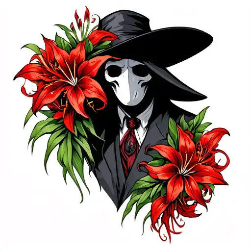 plague doctor surrounded by red spider lilies tattoo design idea