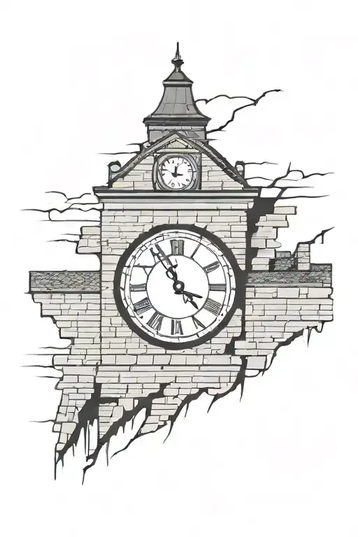 clock tower old style brick wall being torn tattoo design idea