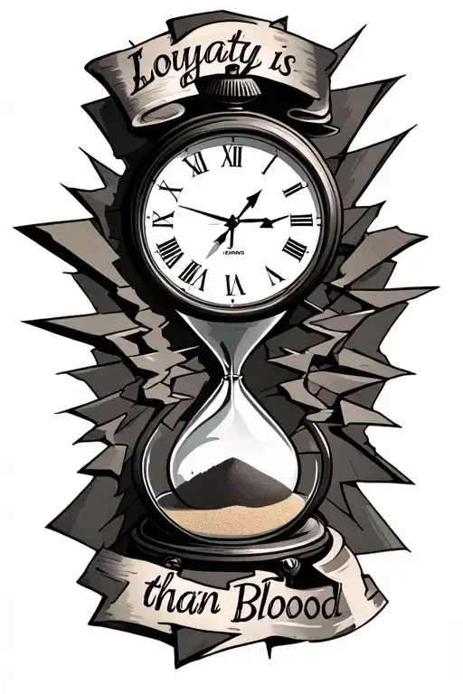 broken hour glass with sand  and broken wall clock with reflection shadows with words "loyalty is thicker than blood" tattoo design idea