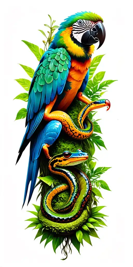 rainforest scene featuring poison dart frogs, snakes, a macaw, and lots of plants and moss and vines  tattoo design idea