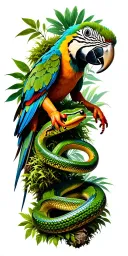rainforest scene featuring poison dart frogs, snakes, a macaw, and lots of plants and moss and vines  tattoo design idea