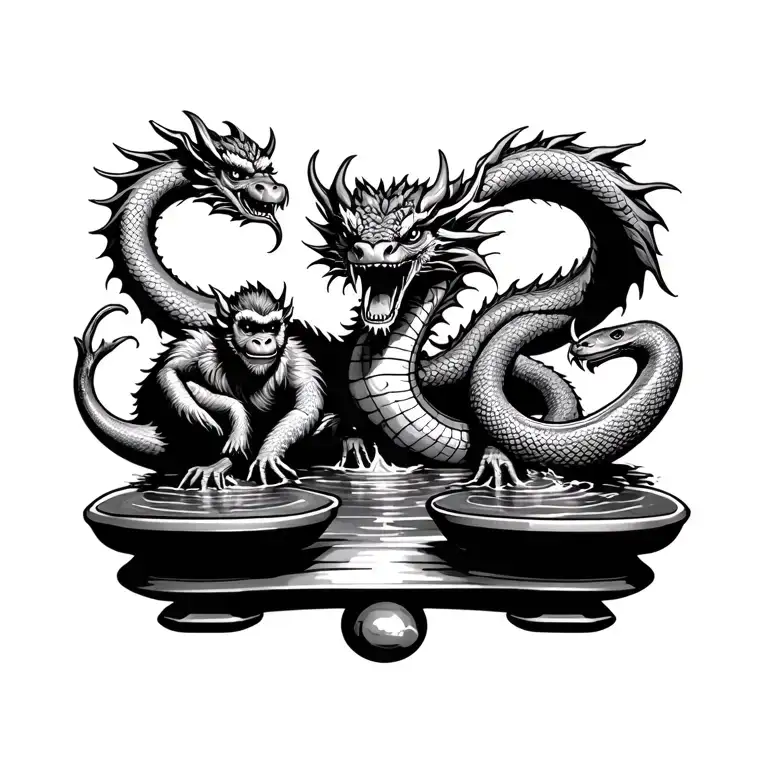 weight scale with dragon in center balancing a water monkey and wood snake tattoo design idea