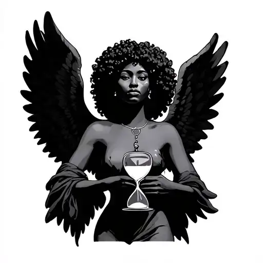 Afro Angel holding an hourglass tattoo design idea